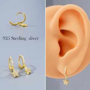 Brincos Huggie Hoops de ouro 20G, brinco de prata esterlina 925, brinco de estrela pendente CZ 20G para lóbulo, brinco hipoalergênico, pingentes de explosão de estrela pendurados