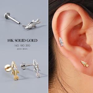 14K Gold Rocket Threadless Push Pin Labret Stud, CZ Stone Rocket Earring, Tragus/Cartilage/Conch/ Helix/Conch/Earlobe Stud, Sci-fi Gold Stud