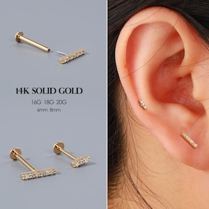 14K Gold kleine CZ Stab Ohrstecker fadenlos Push Pin Labret, Muschel / Helix / Turm / Ohrläppchen Ohrstecker, T Stab Ohrringe, Pave CZ Rechteck flache Rückseite Ohrringe