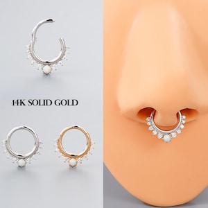 16G 14K Solid Gold Opal & CZ Daith Clicker/Hinged Daith Hoop/Cartilage Hoop/Septum Jewelry/Helix Hoop/Tragus/Conch Piercing/Gift For Her