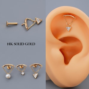 14K Gold Horizontal Dangle Pearl/CZ Pendant Stud, Internally Threaded Flat Back Stud, Helix/Conch/Cartilage Piercing Jewelry, Gift for her