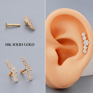 Perno de oro macizo de 14 quilates con rosca interna y parte posterior plana, diseño de racimo floral de 16 g, joyería para perforación de cartílago, trago, hélix y caracola hipoalergénica