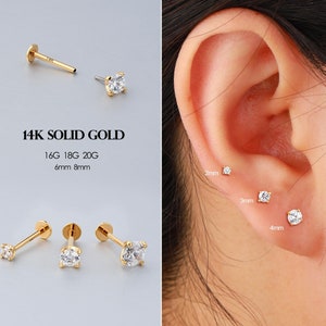 14K Gold CZ Threadless Push Pin Labret Stud Flat Back Cartilage Earring 16G 18G 20G Tragus Helix Conch Nose Flat Back Stud Gold and Clear CZ