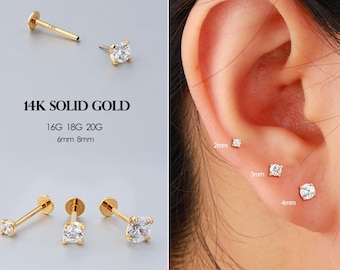 14K Gold CZ Threadless Push Pin Labret Stud Flat Back Cartilage Earring 16G 18G 20G Tragus Helix Conch Nose Flat Back Stud Gold and Clear CZ