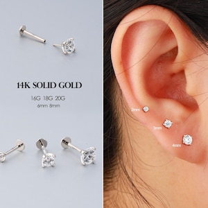 14K White Gold CZ Threadless Push Pin Prong Labret Stud Tragus/Cartilage/Conch/Helix/Nostril/Daith/Earlobe Threadless Ends Studs 16G/18G/20G