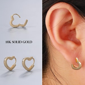 Aros de oro macizo de 14 quilates con forma de corazón, elegantes aros de oro amarillo de 20 quilates, delicados aros con forma de corazón, aros minimalistas con cierre de presión, regalo de San Valentín