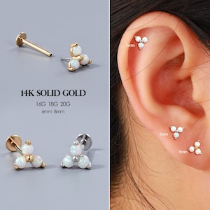 14K Gold 3-Petal Opal Flower Push Pin Stud, Threadless Flat Back Labret Cartilage Tragus Conch Helix Earrings Tiny Floral Opal Gold Push In