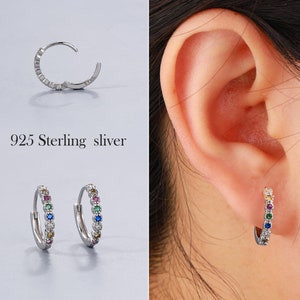 925 Sterling Silver Hoop Earrings, Colorful CZ Hoops, Dainty Zircon Clip-On Hoop, Elegant Silver Clickers 10mm Shiny Earlobe Jewelry Gifts