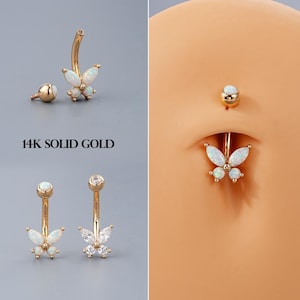 14G 14K Solid Gold Butterfly CZ/Opal Belly Ring/Curved Barbell/Belly Piercing/Navel Jewelry/Internally Threaded/Navel Piercing/Belly Bar