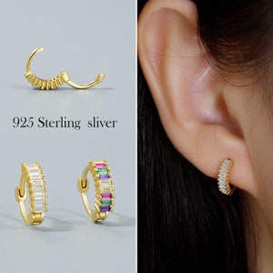 925 Sterling Silver Rectangle CZ Paved Hoop Earrings • Diamond Baguette Earrings • Huggie Hoop Earrings • Colorful CZ Hoops • Dainty Earring