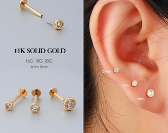 14K Solid Gold kleine Lünette CZ fadenlose Push-Pin 16G / 18G / 20G Labret / Nasenloch / Helix / Tragus / Muschel / Ohrläppchen / Knorpel / Daith Gold flache Rückseite Bolzen