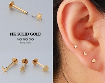 16G 18G 20G 14K Massivgold Herz/Stern/Mond fadenlose Ohrstecker/Push Pin Labret Piercing/Tiny Gold Bolzen/Helix/Conch/Tragus Flachboden Bolzen