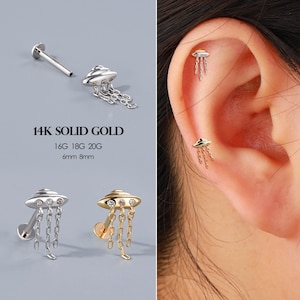 14K Gold Spaceship Threadless Push-In Stud, UFO Rocket Earrings with Three Gold Chains, Tragus/Cartilage/Conch/Helix/Earlobe/Labret Studs