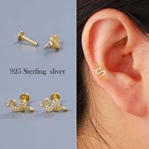 925 Sterling Silver Internally Threaded Flat Back Stud – Gold Snake Labret Stud for Cartilage, Conch, Helix Piercings, Snake Year Mascot