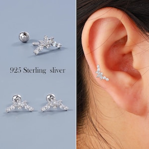 925 Sterling Silver 16G Crown CZ Cartilage Stud Earring, Ball End Threaded Barbell, Lobe/Conch/Helix/Flat Piercing, Dainty Silver Earring