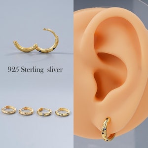 925 Sterling Silver Lobe Earrings – 20G Star Engraving Hoop Earrings, Set CZ Earrings, Dainty Gold Earlobe/Cartilage Hoop, Minimalist Design