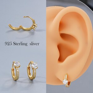 925 Sterling Silver Gold Hoop Earrings – 20G Gold Prong Set CZ Diamond, Sparkling Lobe/Cartilage Stacking Earrings, Delicate Huggie Hoops