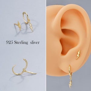 Gold Lightning Bolt Huggie Hoop Earrings Set in 925 Sterling Silver, 20G Lightning Drop Earrings, Cartilage/Earlobe/Flat/Helix Stud Earrings