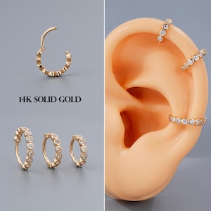 14K Gold Pave CZ Bezel Cartilage Hoop Earrings, Hoop Clicker,Nostril,Helix,Conch,Lobe – Minimalist Hinged Segment Ring, Solid Gold Hoops