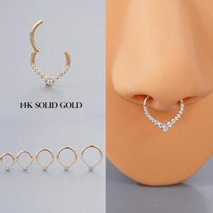 16G 14K Solid Gold V shape CZ Septum Ring/Cartilage Hoop/Daith Earring/Helix Hoop/1PCS//Tragus Hoop/Conch Earring/Minimalist Earring 6-10mm