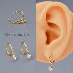 925 Sterling Silver Lobe Earrings – 20G Gold Hoop Earring with Rhombus CZ Pendant,  Dainty Earlobe/Cartilage Hoop, Delicate Everyday Earring