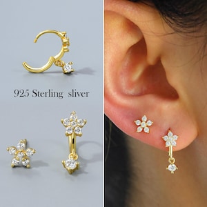 925 Sterling SilverClear CZ Flower Huggie Hoop Gift Set • Dainty Hoop Earrings • Floral Studs• Flower Earring • Gift for her • Gift for mom