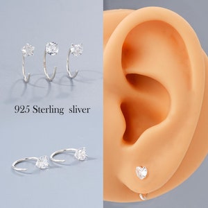 20G Minimalist Open Hoop Earring, 925 Sterling Silver Prong Heart/Star/Round Zircon Earrings, Simple Round Ear Wires, Nickle-free Earrings