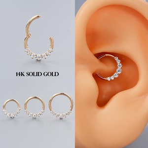 Solid 14K Yellow Gold 16G Daith Hoop, Prong CZ Hinged Segment Ring, Elegant Septum Ring, Cartilage Stacking Earrings, Daith Clicker Hoops