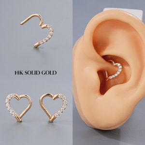 Solid 14K Yellow Gold Heart Hoop Earrings, Elegant 16G Daith Hoop Ring, Dainty Pave Zircon Heart Earrings, Valentine's Day Gift, Single Hoop