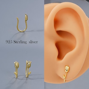 925 Sterling Silver Lobe Earrings–20G Adjustable Open Hoop Earrings,Gold Rose Earrings,Dainty Earlobe/Cartilage Stacking Earrings, A Pair