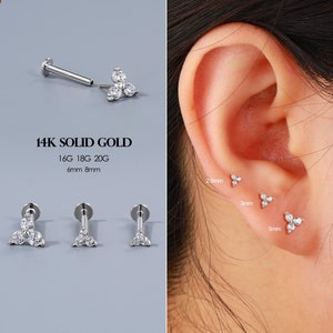 14K White Gold Floral CZ Push Pin Labret Stud 16/18/20G Flat Back Earrings Three-Petal Flower CZ Gemstone White Gold Cartilage/Nose/Lip Stud