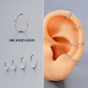 Solide 14K Weißgold Clip-on Clicker, Pave CZ Huggie-Ohrring, 16G zierliche Knorpel/Helix/Conch/Nase/Rook Gold Hoop, kleine Creolen