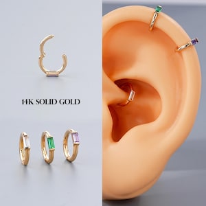 Solid 14K Yellow Gold 16G Helix Hoop/Baguette Helix Earring/Rectangle emerald Hoops/Lavender Hinged Segment Ring/Cartilage Hoop Clicker/Gift
