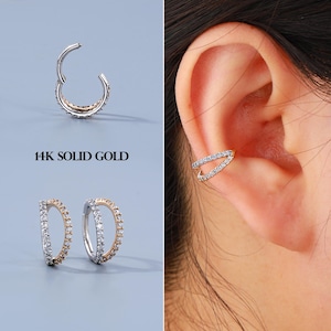 14Kt Solid Gold Double CZ Hoop Earring, 16G 8mm Hoop for Daith, Inner Conch, Helix & Lobe Piercings, Yellow Gold/White Gold Hinged Clicker