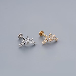 14K Solid Gold Climber Internally Threaded Flat Back Stud/16G CZ Crown Design/Yellow Gold Cartilage/Tragus/Helix/Inner Conch Piercing Stud