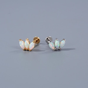 14K Solid Gold Crown Opal Push Pin Labret, Threadless Flat Back Stud, Cartilage/Tragus/Helix/Conch/Rook/Daith Earring Pave Opal Push-in Stud