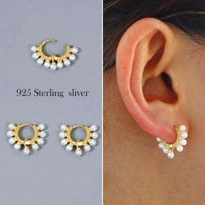 925 Sterling Silver Pearl Huggie Hoop Earrings • Beaded Mini Pearl Hoops • Bridesmaid Earrings • Tiny Gold Earrings • Minimalist Earrings