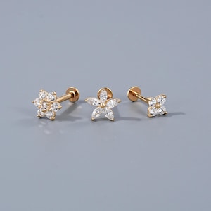 14K Solid Gold Petal Push Pin Stud Three Unique CZ Petal Cartilage Tragus Helix Nose Daith Dainty Floral Earrings Hypoallergenic Gold Studs