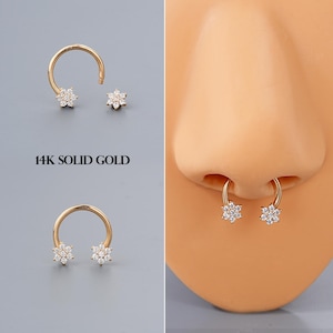 Anillo para tabique nasal con circonita cúbica floral de oro macizo de 14 quilates y 16 g/joyería para tabique nasal/perforación para tabique nasal/1 pieza/pendiente Daith/anillo de herradura/CBR para cartílago con flores/regalo para ella