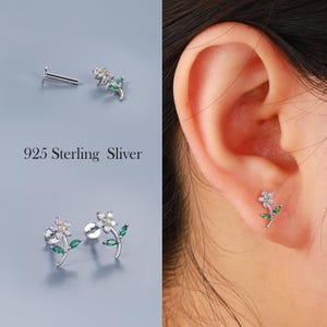 925 Sterling Silver Floral Labret Stud – 16G 6/8mm Lobe/Conch/Helix Flat Back Earring, Internally Threaded Flower Flat Back Earring