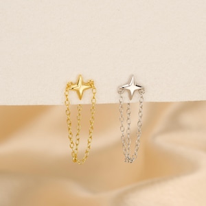 Pair of Sterling Silver & Gold Dangling Chain Earrings – Tiny Star Studs, Layered/Stackable, Minimalist Jewelry, 2pcs