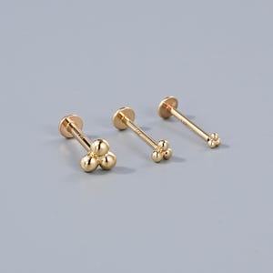14K Solid Gold Tiny Three Ball Push Pin, Cartilage/Tragus/Helix/Daith/Rook/Earlobe Studs, Solid Gold Flat Back Threadless Push-in Earrings