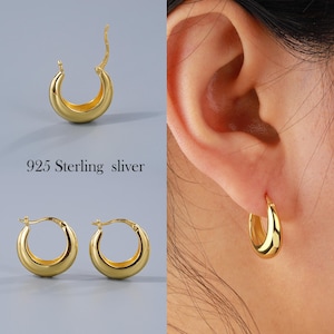 Tapered Gold Huggie Hoop Earrings, 20G Plain Gold Sleeper Hoops in 925 Sterling Silver Plain, Chunky Huggie Hoops, Classic Gold Earrings Set