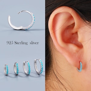 925 Sterling Silver Turquoise Huggie Earrings, Vibrant Hoop Earrings in 6/7/8/9mm, Lobe/Inner Conch/Helix Piercings, Boho Turquoise Jewelry