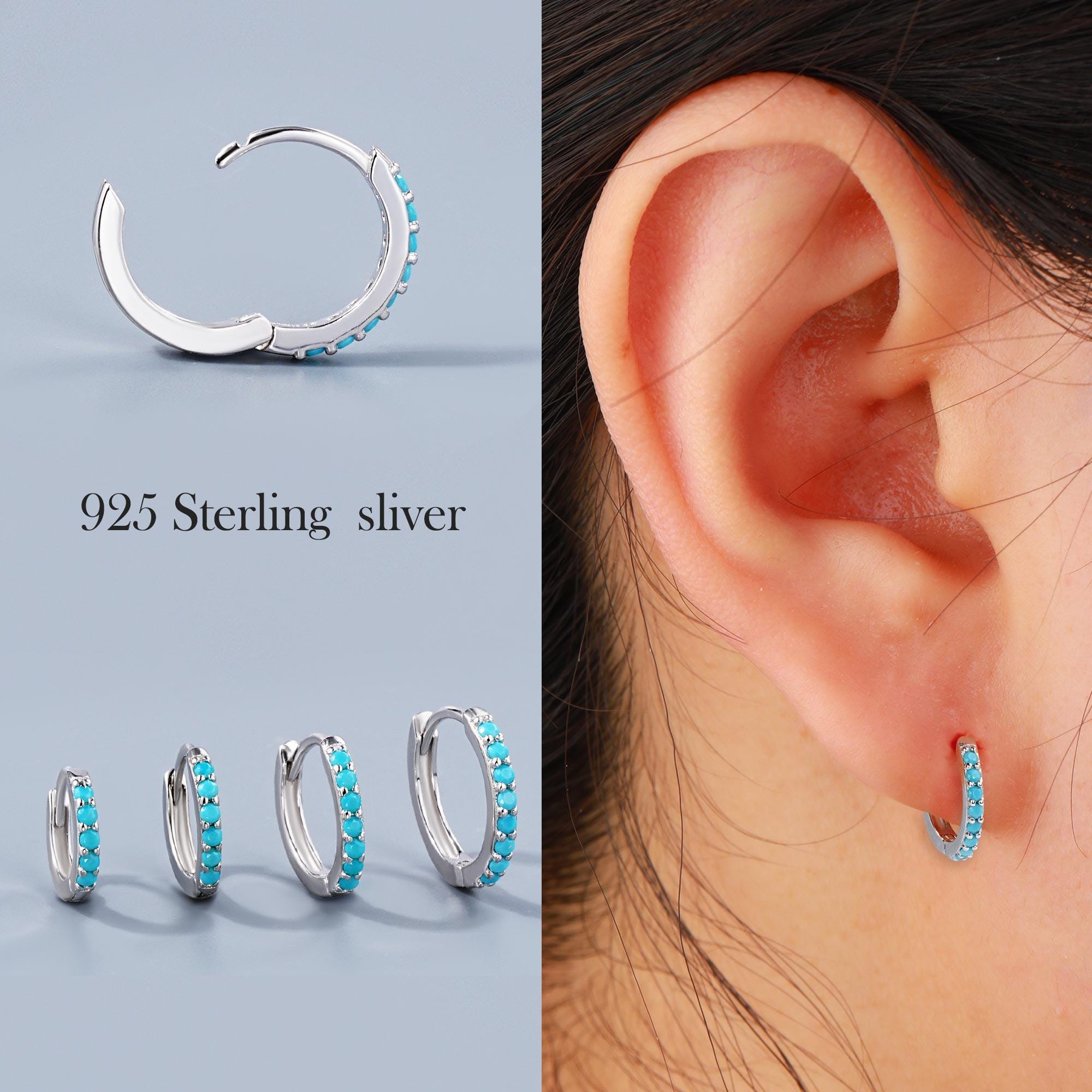 Orecchini A Cerchio Huggie In Argento 925 Con Turchese - Piccoli Gioielli Regalo Per Donna