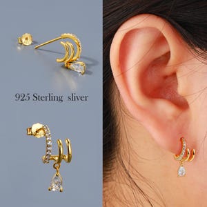 Pair 925 Sterling Silver Triple Layer Stud Earring, CZ Pavé & Teardrop Dangle – Modern Illusion Cuff Design, Gold Plated Minimalist Jewelry