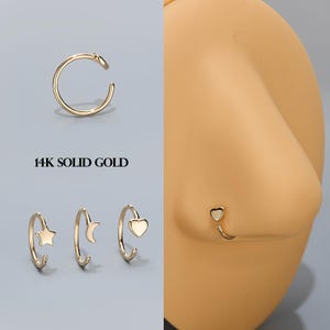 14K Solid Gold Nose Hoop – 20G 8mm Tiny Star, Moon & Heart | Minimalist Nose Jewelry for Everyday Wear, 1pc