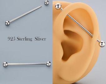 Srebrny kolczyk w kształcie sztangi w stylu industrialnym: 14G, 38 mm, minimalistyczny piercing