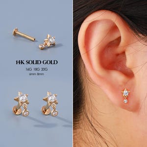 Brincos de cartilagem em forma de estrela pequena de ouro maciço 14K, brincos de pino com rosca interna de 16G e pingente, piercings de lóbulo/concha/hélice/labret, presente