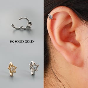 9K Solid Gold Star CZ Hoop Earrings – 20G 6mm | Tiny Snug Hoop for Helix or Cartilage Piercing | Yellow or White Gold | Dainty Gift Jewelry